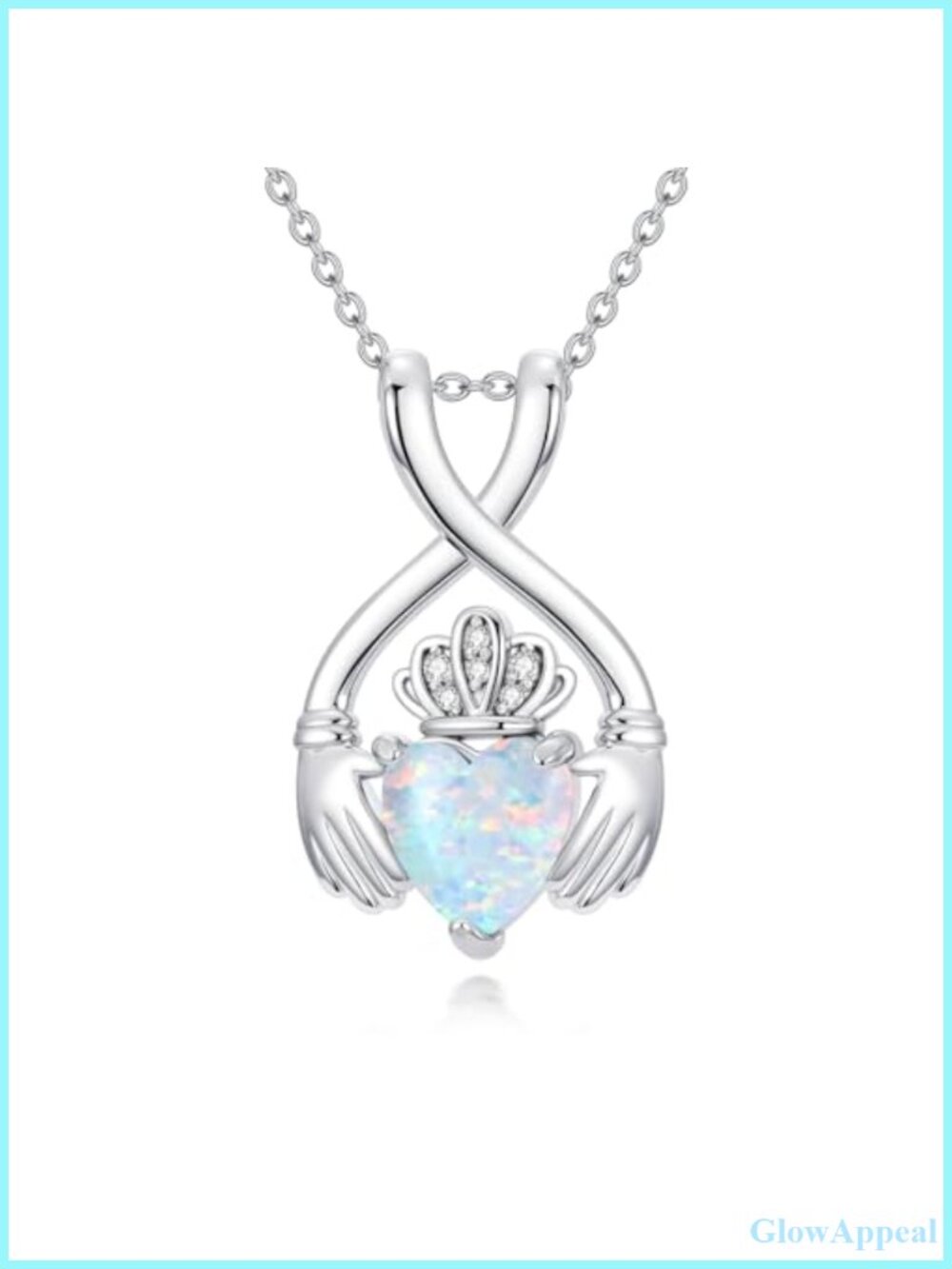 Sterling Silver Claddagh Necklace with Diamond & Opal, Irish Pendant Jewelry